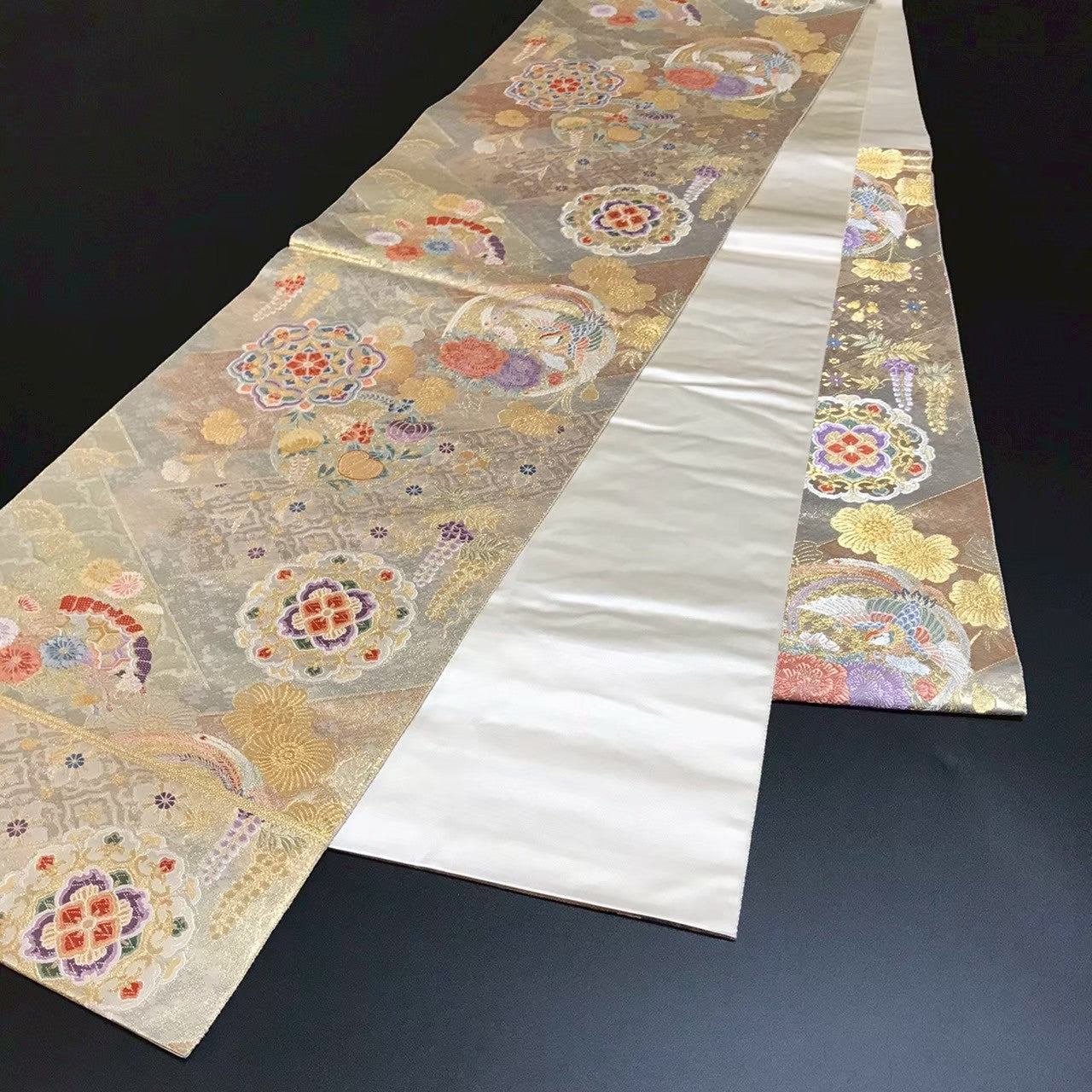 8103# Japanese Vintage Fukuro Obi Belt Kimono Fabric Silk Traditional Gold