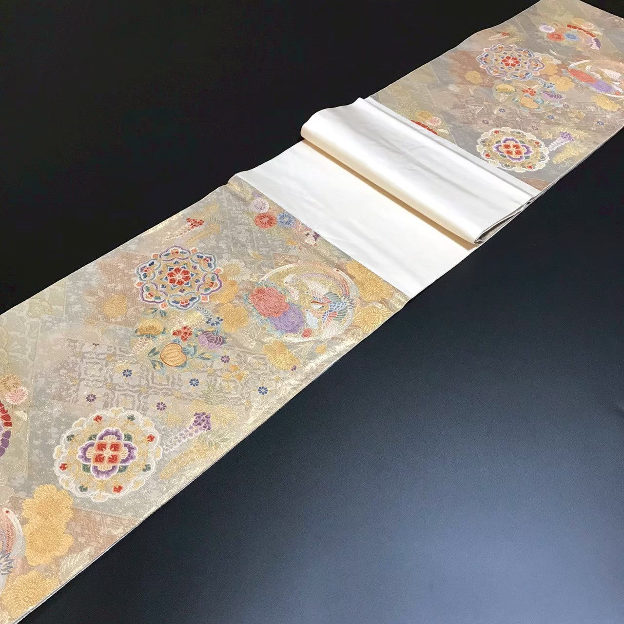 8103# Japanese Vintage Fukuro Obi Belt Kimono Fabric Silk Traditional Gold