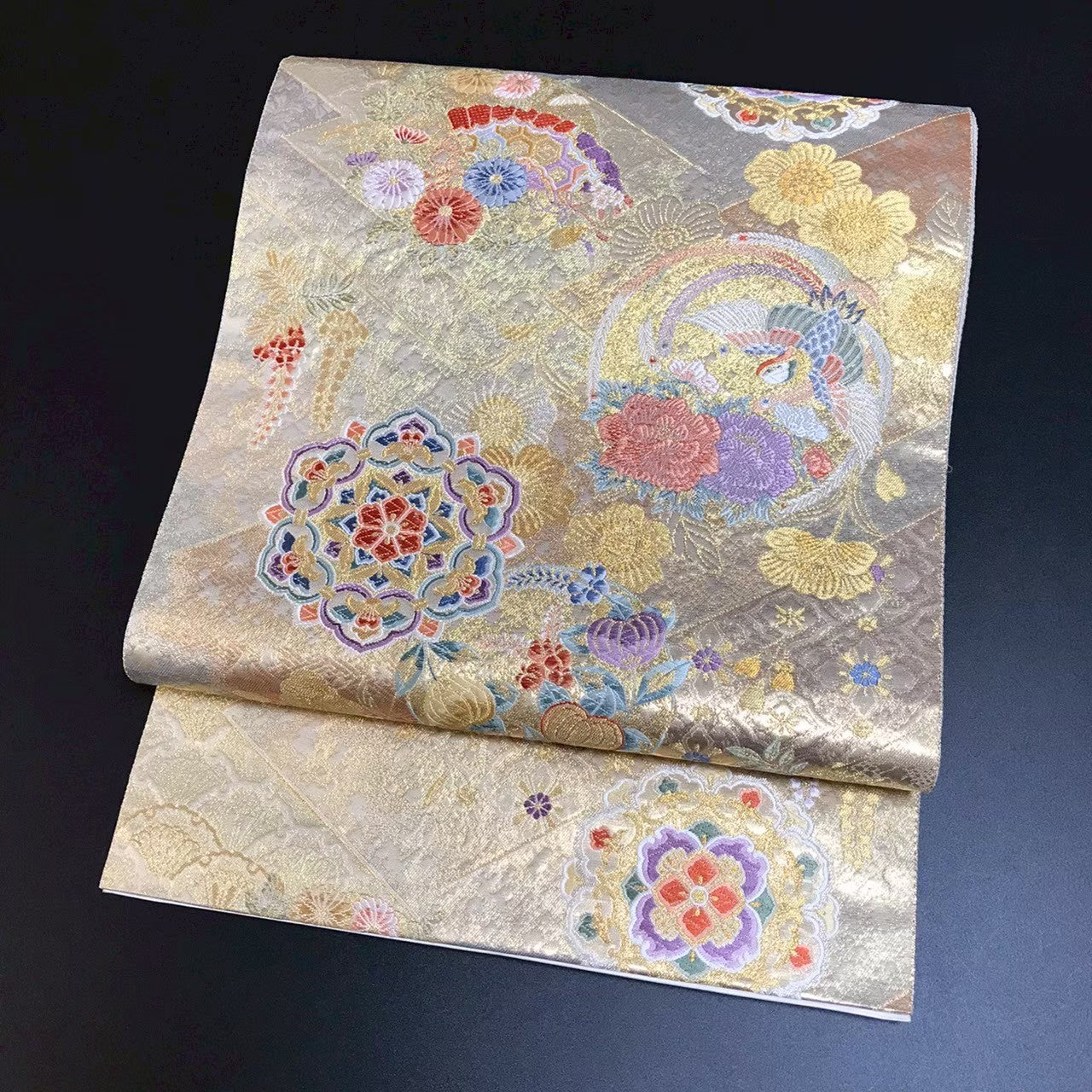 8103# Japanese Vintage Fukuro Obi Belt Kimono Fabric Silk Traditional Gold