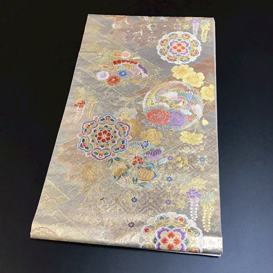 8103# Japanese Vintage Fukuro Obi Belt Kimono Fabric Silk Traditional Gold
