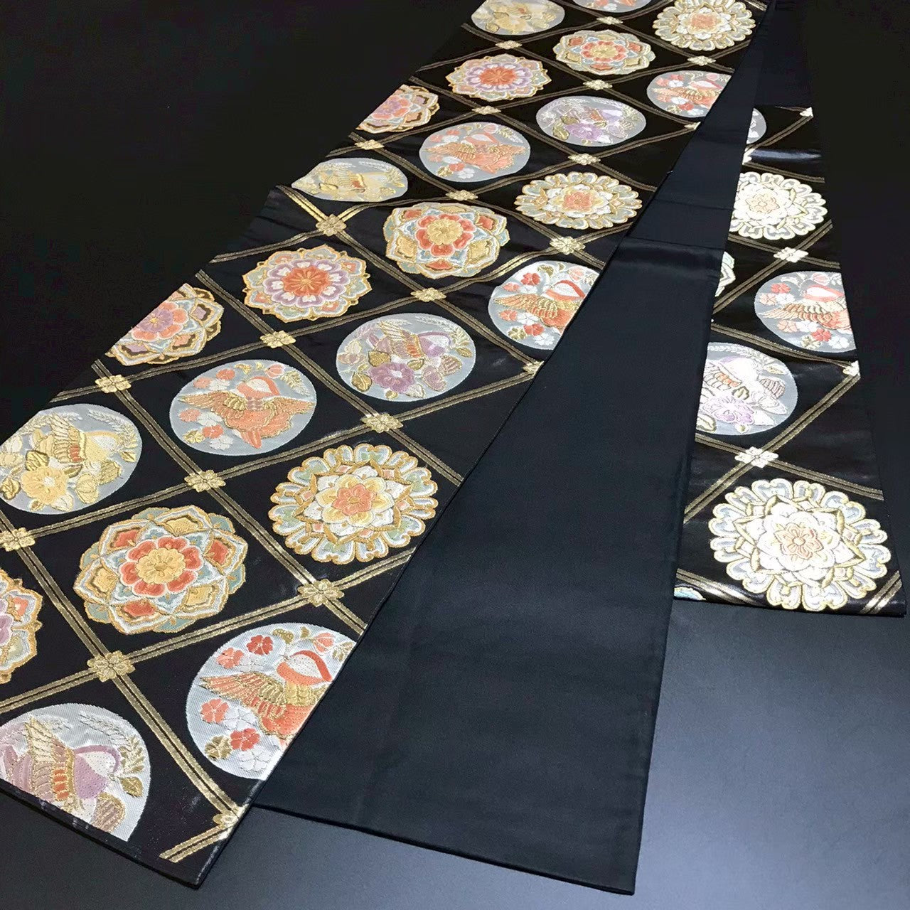 8106# Japanese Vintage Fukuro Obi Belt Kimono Fabric Silk Traditional Black