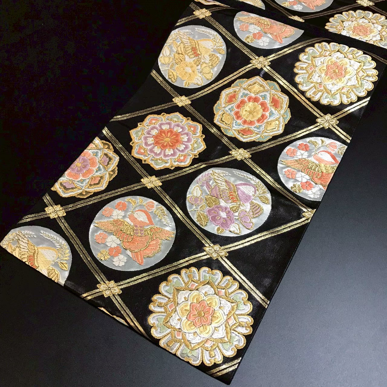 8106# Japanese Vintage Fukuro Obi Belt Kimono Fabric Silk Traditional Black