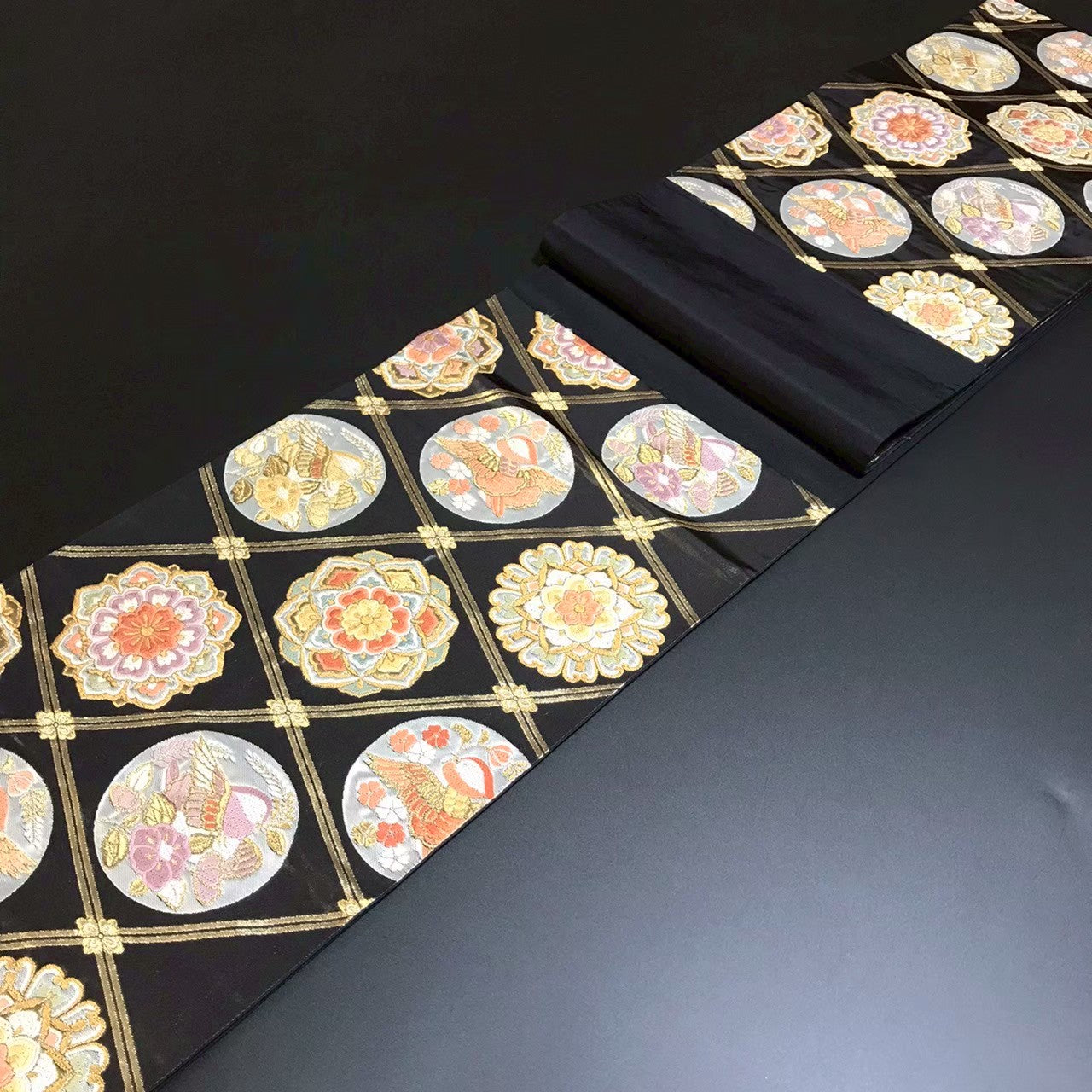 8106# Japanese Vintage Fukuro Obi Belt Kimono Fabric Silk Traditional Black