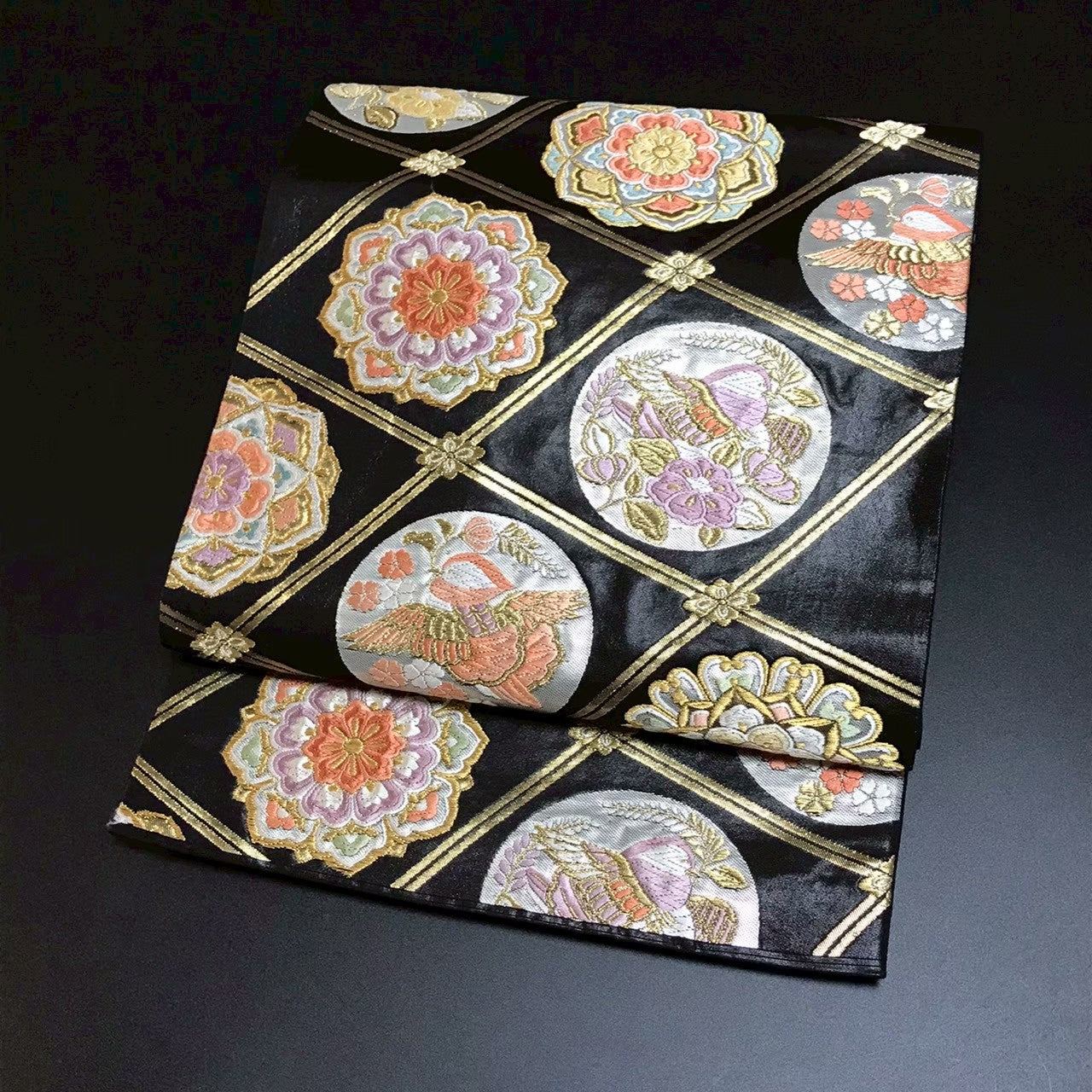 8106# Japanese Vintage Fukuro Obi Belt Kimono Fabric Silk Traditional Black