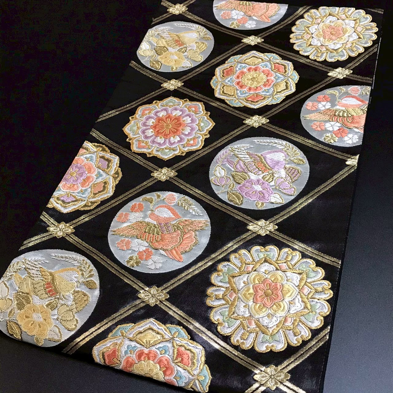 8106# Japanese Vintage Fukuro Obi Belt Kimono Fabric Silk Traditional Black