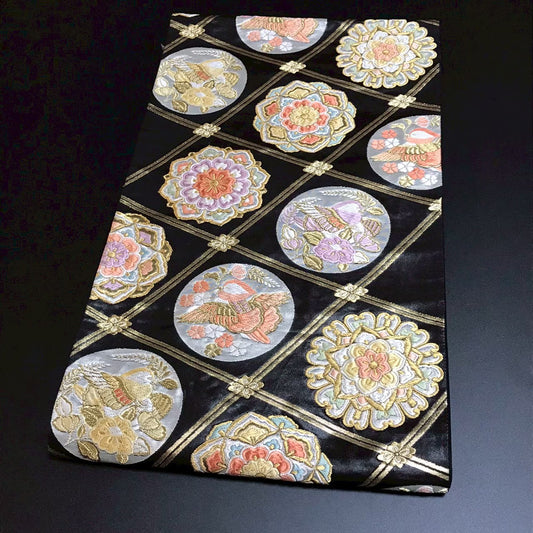 8106# Japanese Vintage Fukuro Obi Belt Kimono Fabric Silk Traditional Black