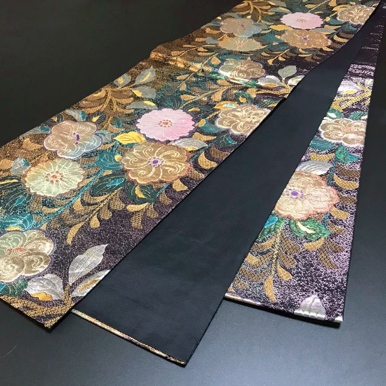 8135# Japanese Vintage Fukuro Obi Belt Kimono Fabric Silk Traditional Black