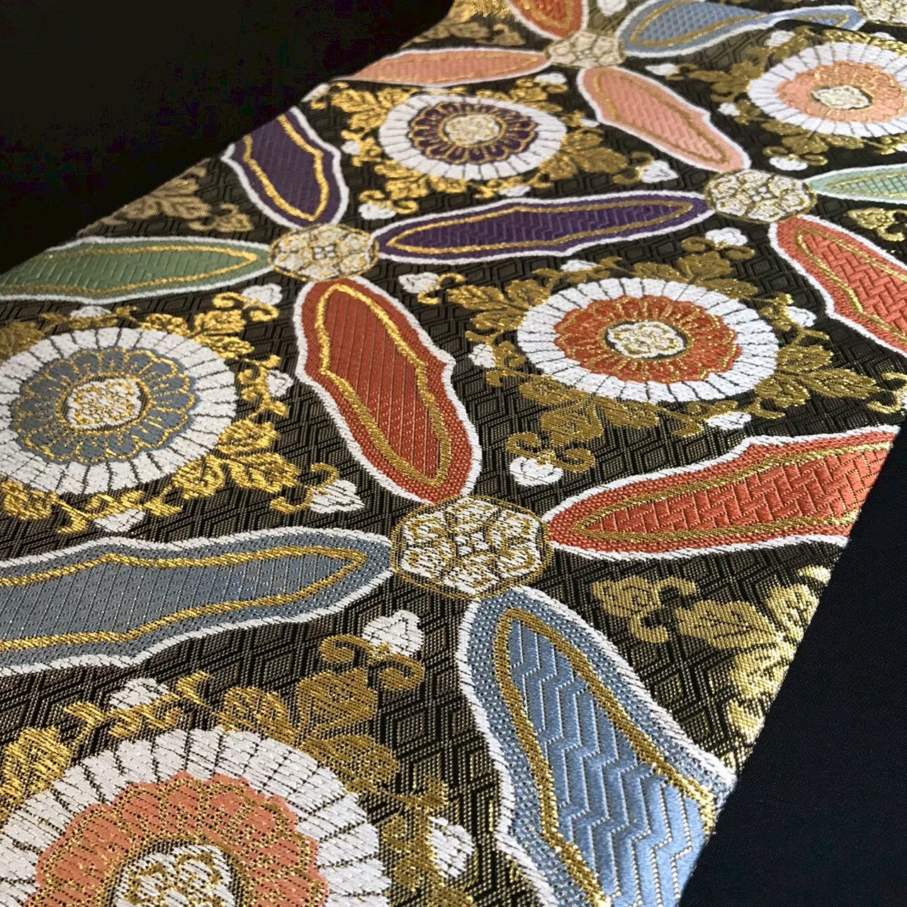 8138# Japanese Vintage Fukuro Obi Belt Kimono Fabric Silk Traditional Black