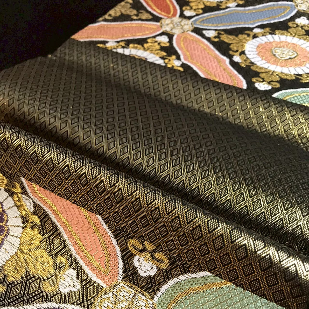 8138# Japanese Vintage Fukuro Obi Belt Kimono Fabric Silk Traditional Black