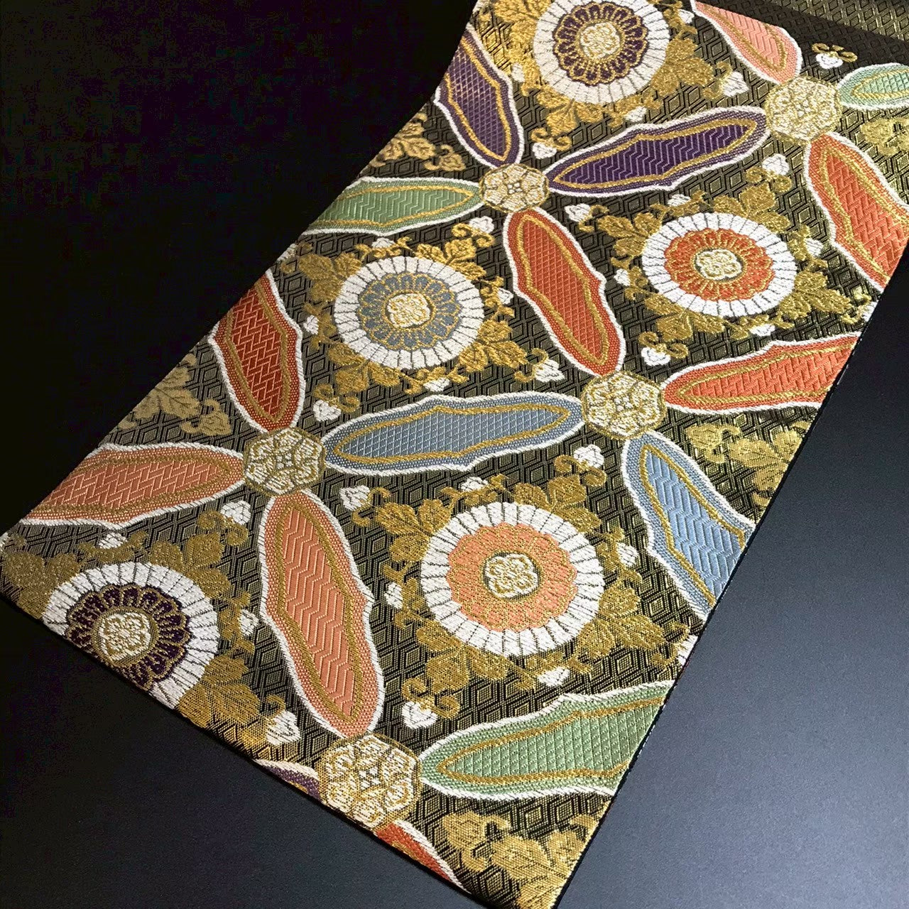 8138# Japanese Vintage Fukuro Obi Belt Kimono Fabric Silk Traditional Black