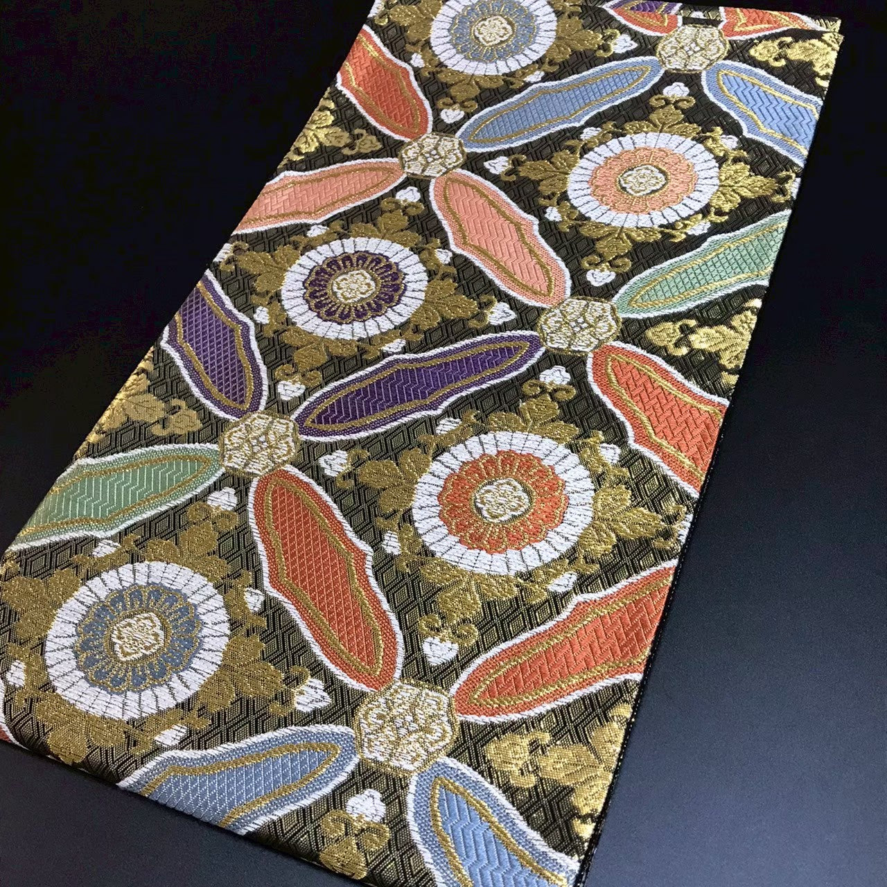 8138# Japanese Vintage Fukuro Obi Belt Kimono Fabric Silk Traditional Black