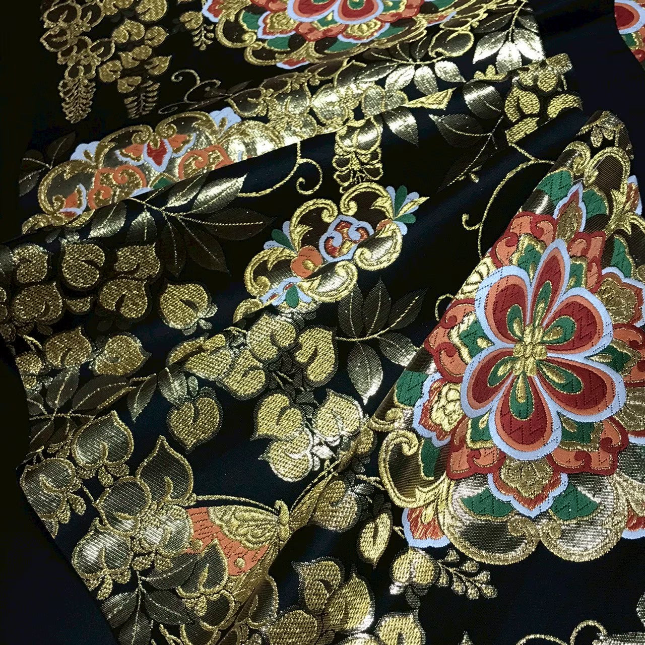8163# Japanese Vintage Fukuro Obi Belt Kimono Fabric Silk Traditional Black