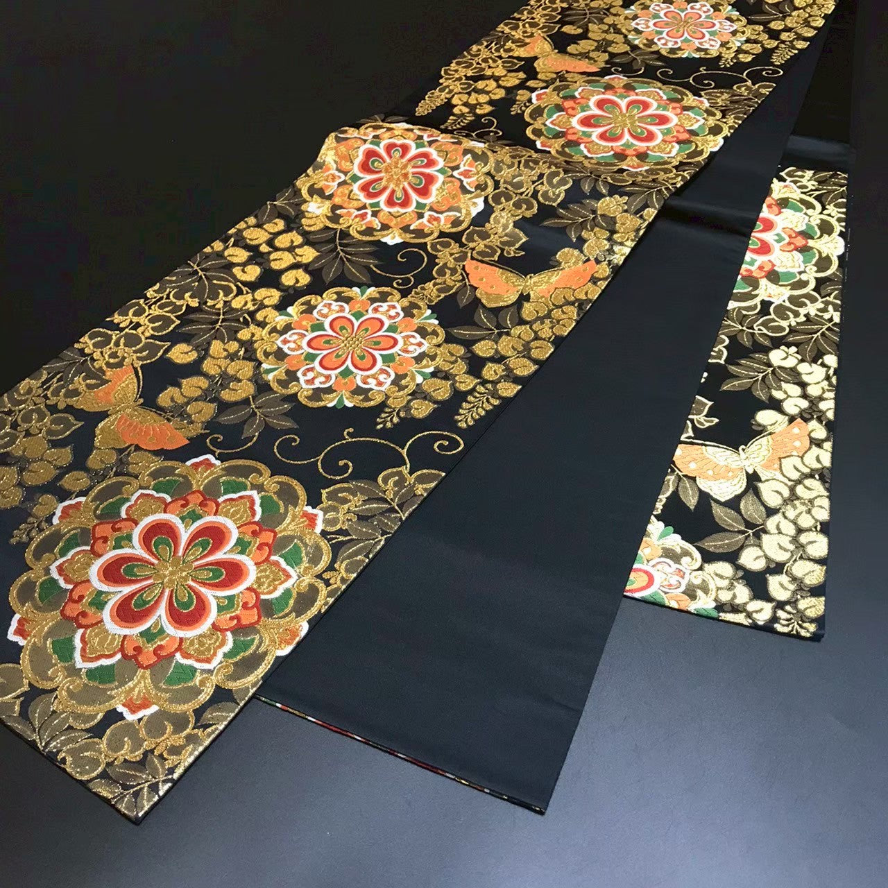 8163# Japanese Vintage Fukuro Obi Belt Kimono Fabric Silk Traditional Black