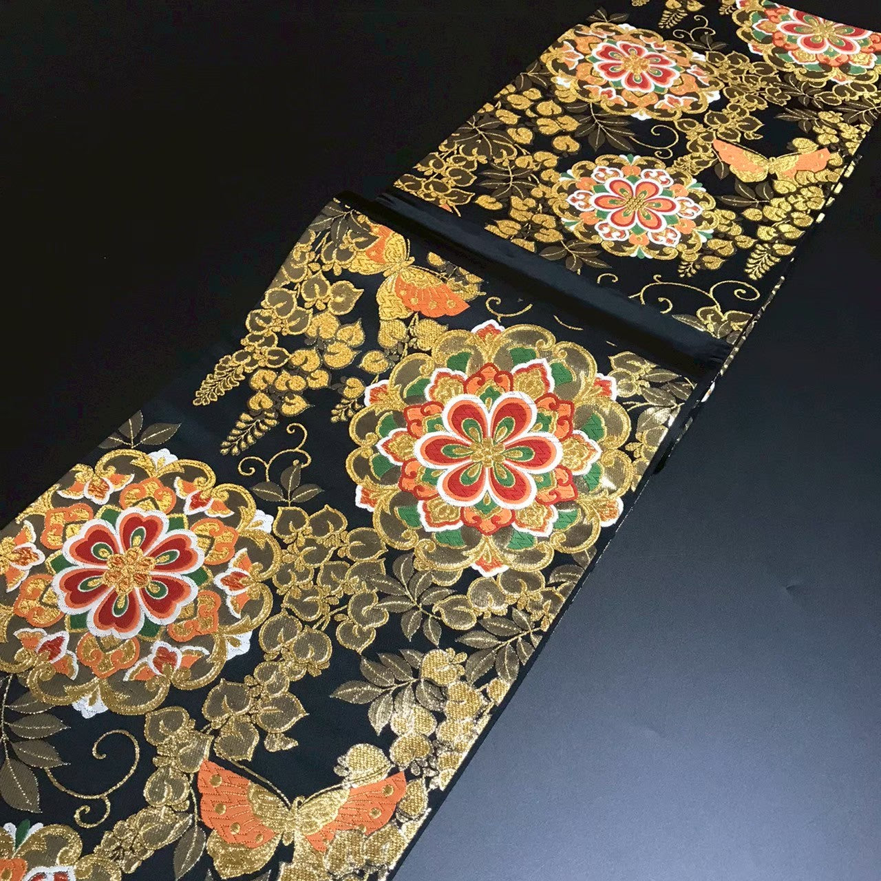 8163# Japanese Vintage Fukuro Obi Belt Kimono Fabric Silk Traditional Black