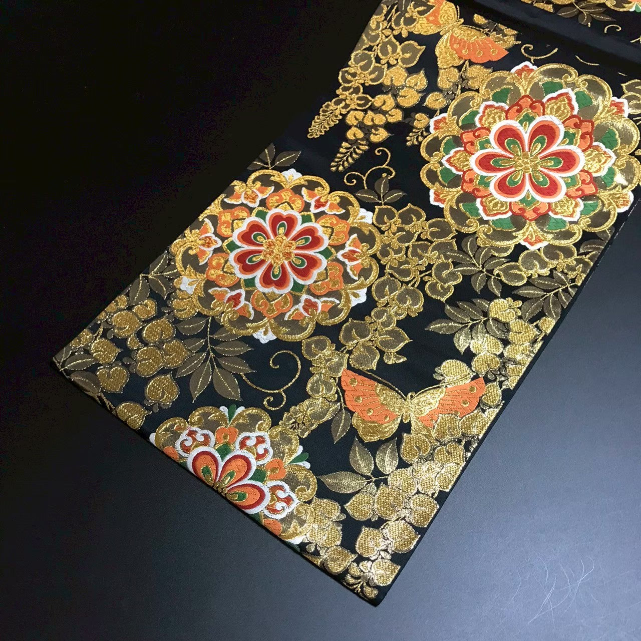 8163# Japanese Vintage Fukuro Obi Belt Kimono Fabric Silk Traditional Black
