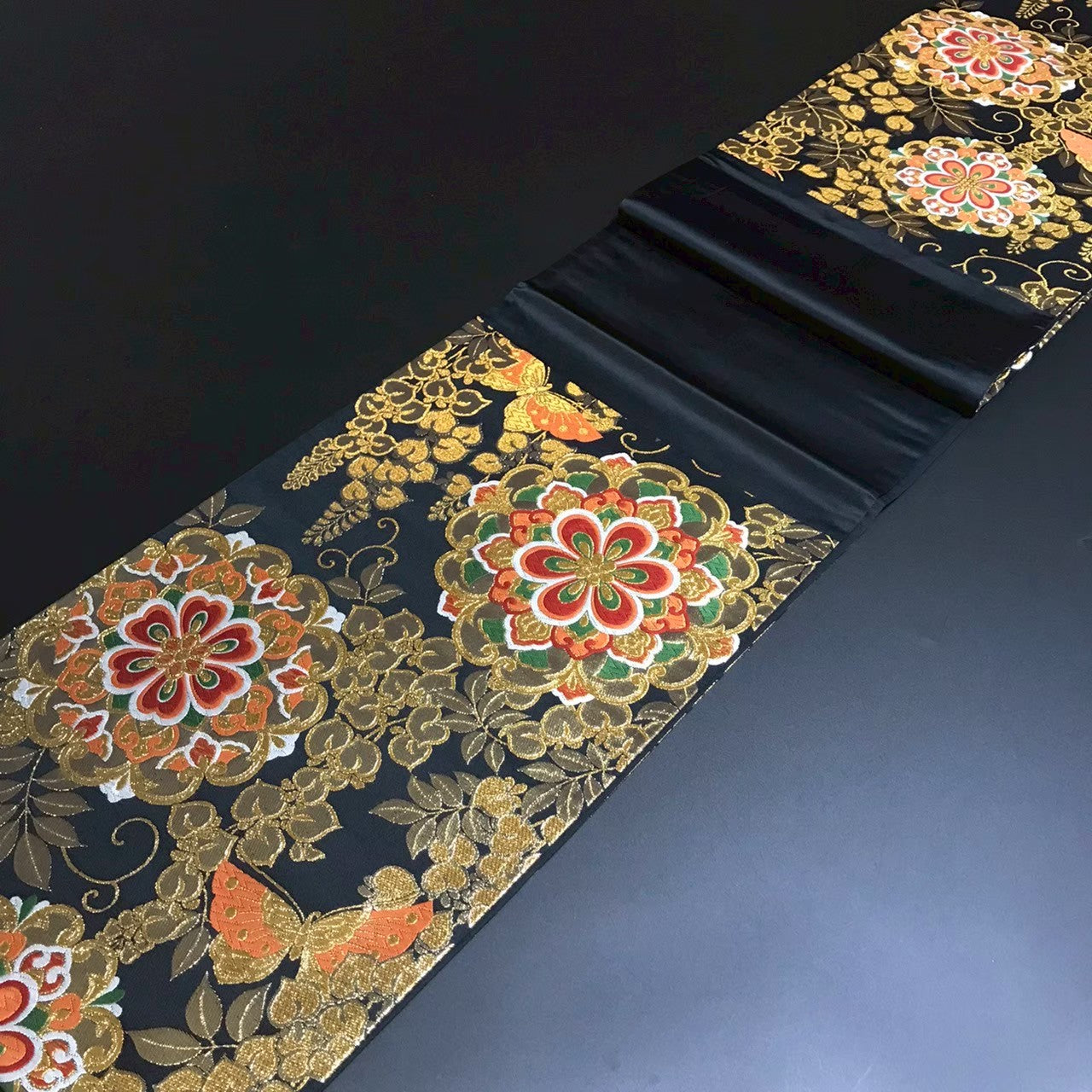 8163# Japanese Vintage Fukuro Obi Belt Kimono Fabric Silk Traditional Black