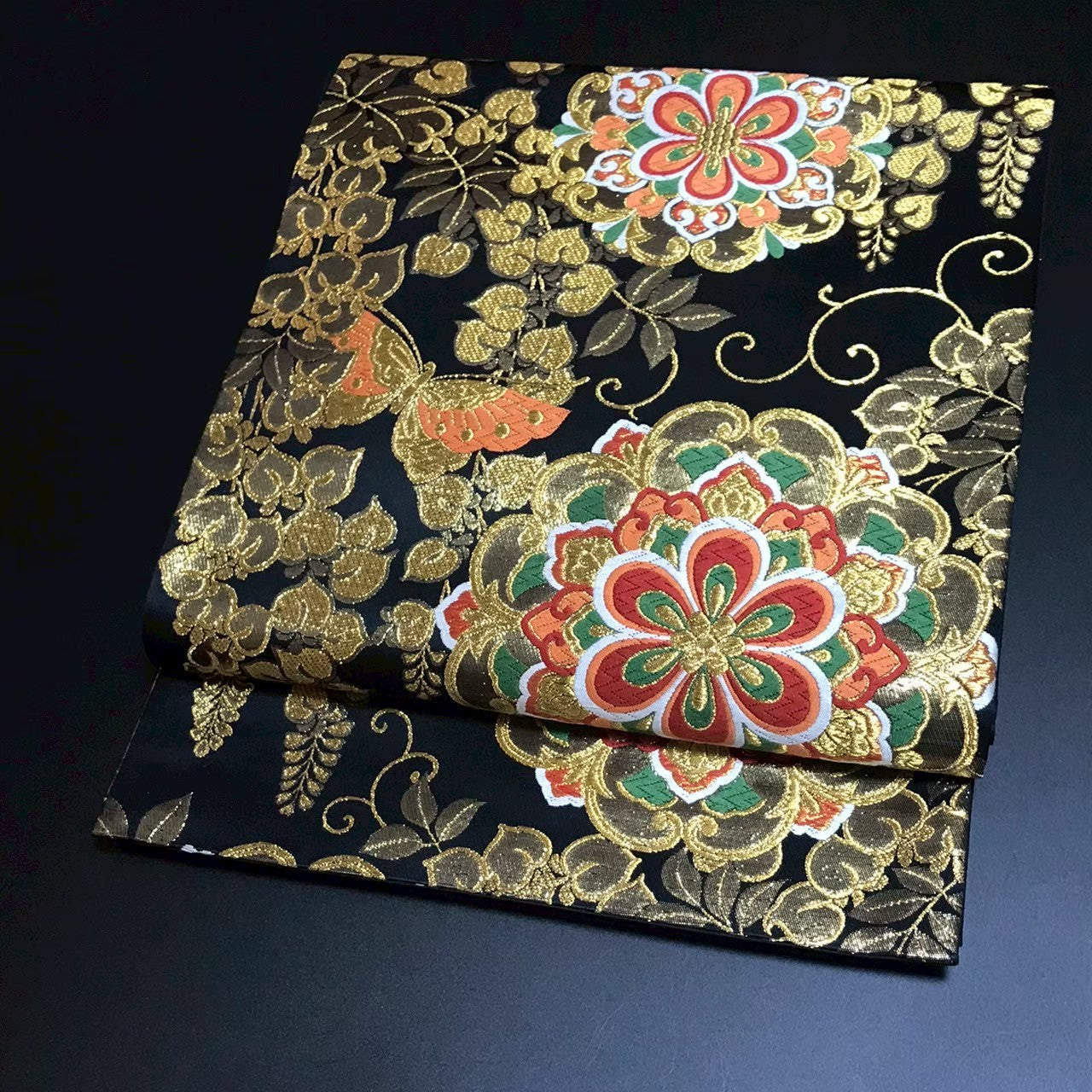 8163# Japanese Vintage Fukuro Obi Belt Kimono Fabric Silk Traditional Black