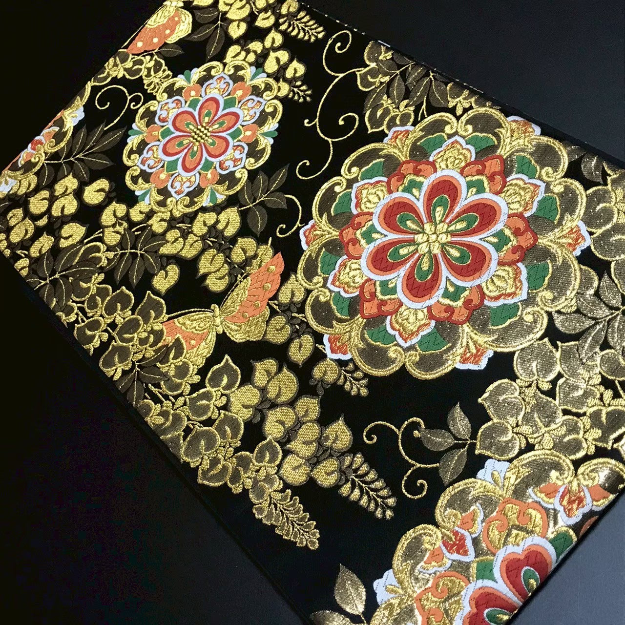 8163# Japanese Vintage Fukuro Obi Belt Kimono Fabric Silk Traditional Black