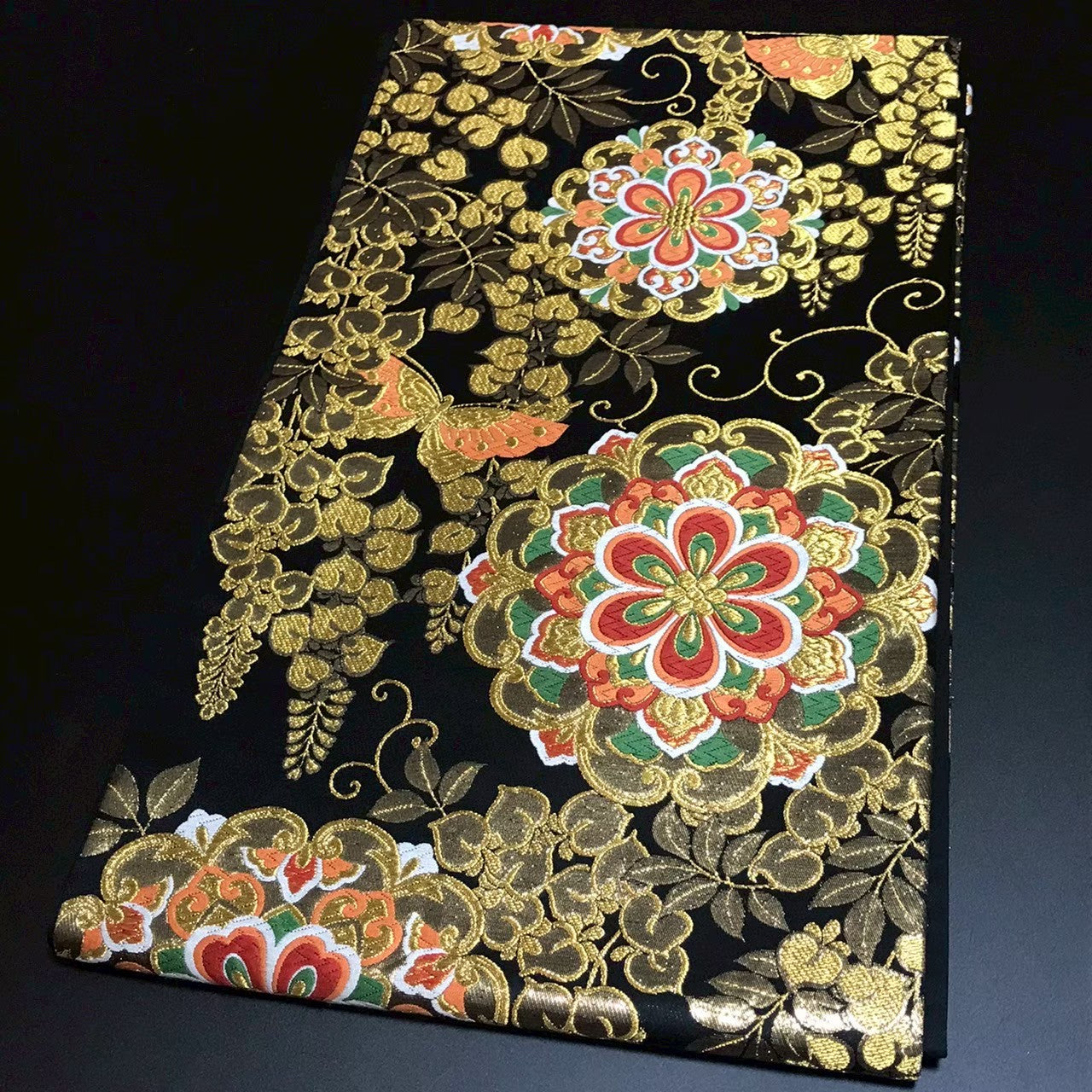 8163# Japanese Vintage Fukuro Obi Belt Kimono Fabric Silk Traditional Black