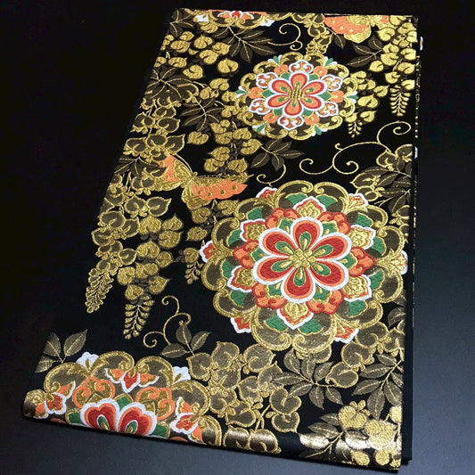 8163# Japanese Vintage Fukuro Obi Belt Kimono Fabric Silk Traditional Black