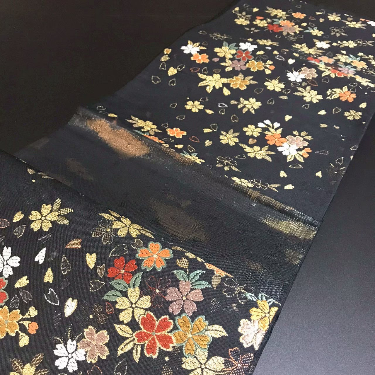 8153# Japanese Vintage Fukuro Obi Belt Kimono Fabric Silk Traditional Black
