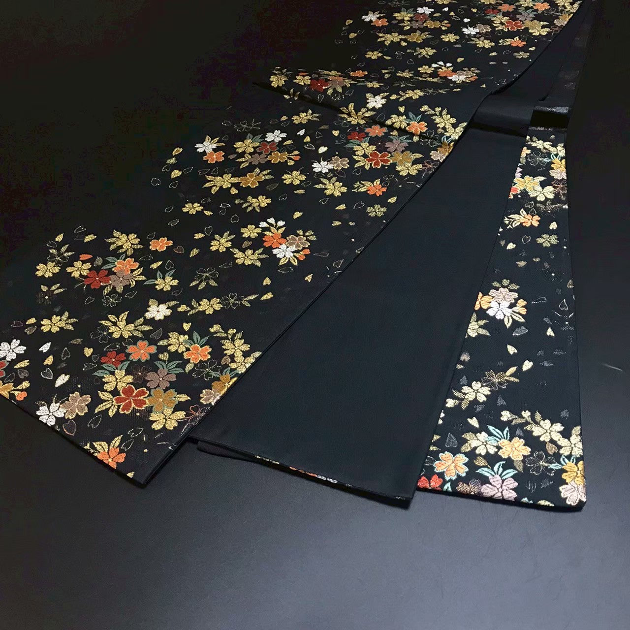 8153# Japanese Vintage Fukuro Obi Belt Kimono Fabric Silk Traditional Black