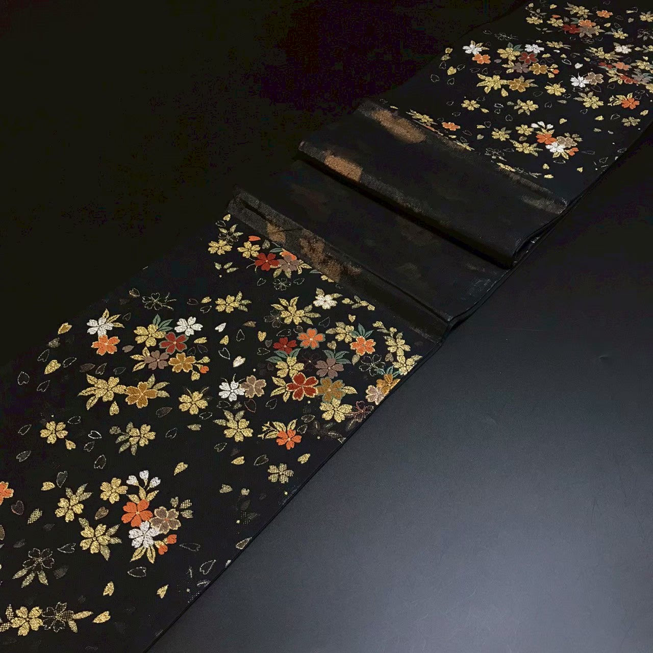 8153# Japanese Vintage Fukuro Obi Belt Kimono Fabric Silk Traditional Black