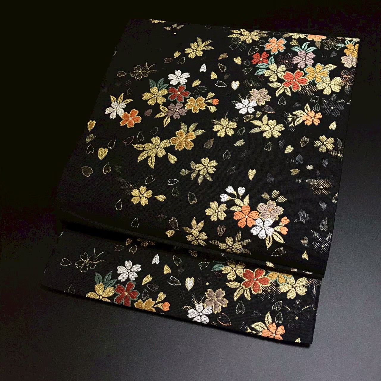 8153# Japanese Vintage Fukuro Obi Belt Kimono Fabric Silk Traditional Black