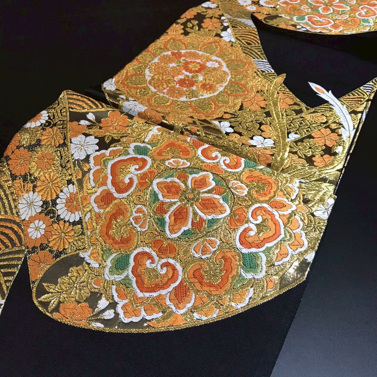 8154# Japanese Vintage Fukuro Obi Belt Kimono Fabric Silk Traditional Black