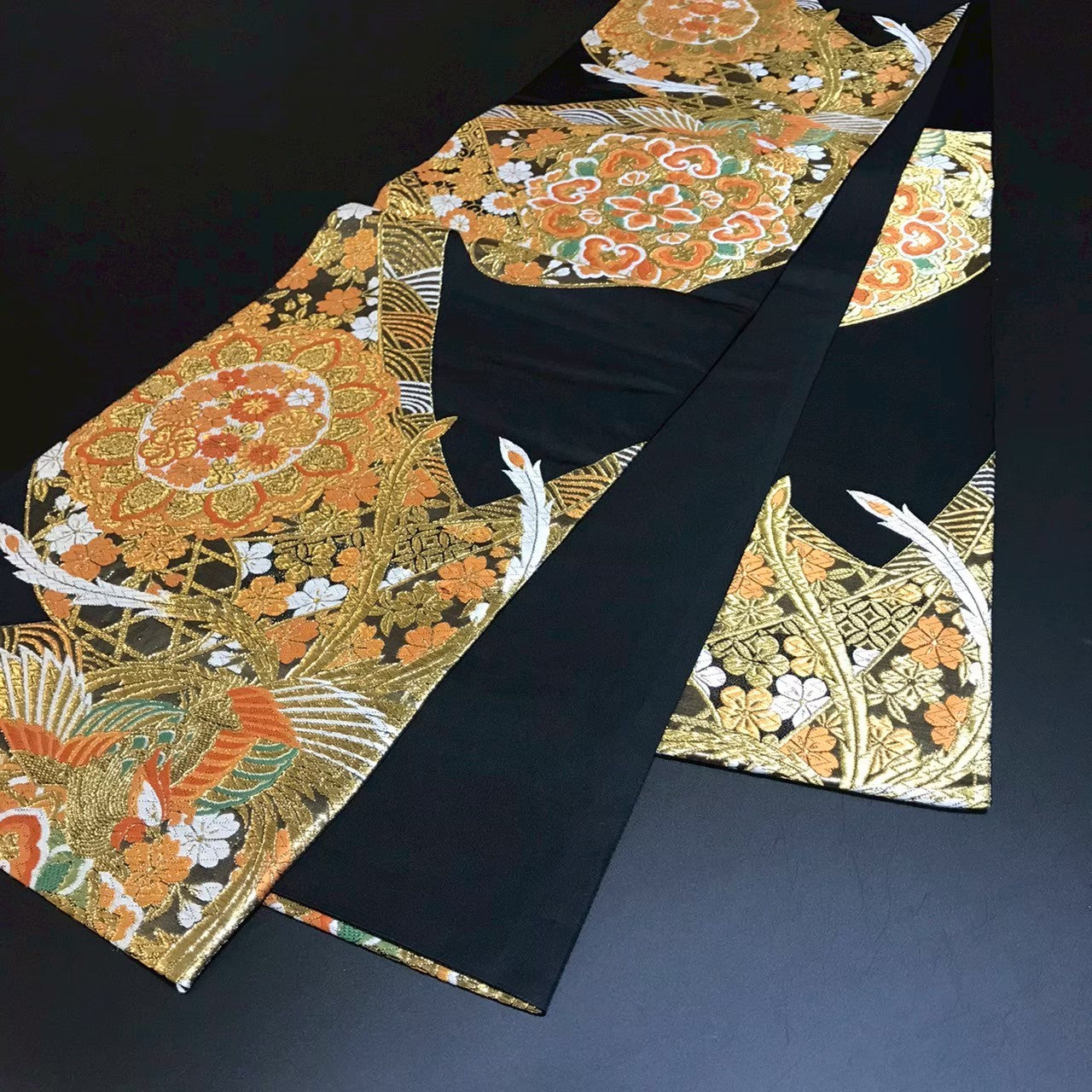 8154# Japanese Vintage Fukuro Obi Belt Kimono Fabric Silk Traditional Black