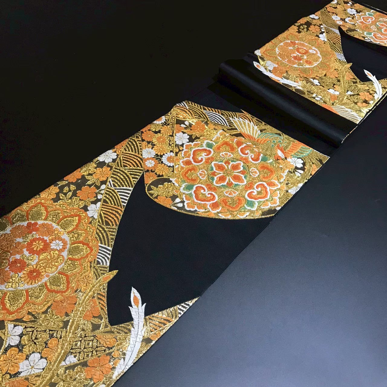 8154# Japanese Vintage Fukuro Obi Belt Kimono Fabric Silk Traditional Black