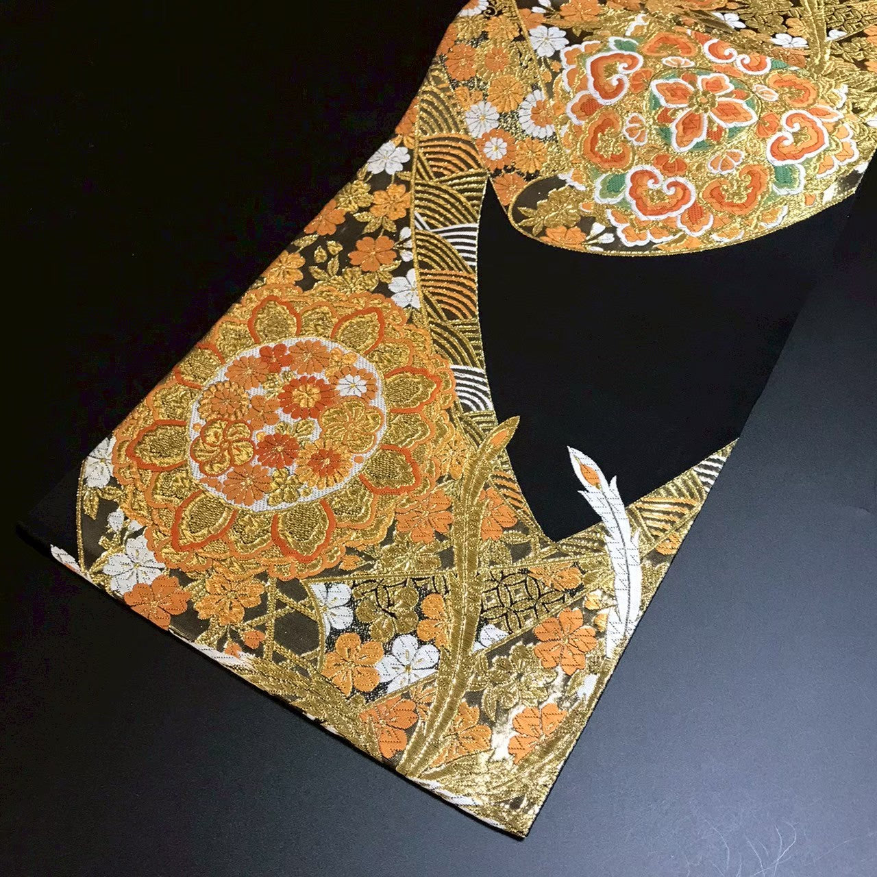 8154# Japanese Vintage Fukuro Obi Belt Kimono Fabric Silk Traditional Black