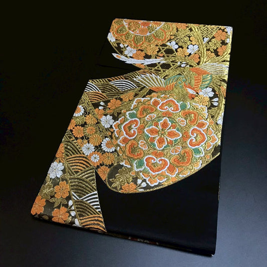 8154# Japanese Vintage Fukuro Obi Belt Kimono Fabric Silk Traditional Black