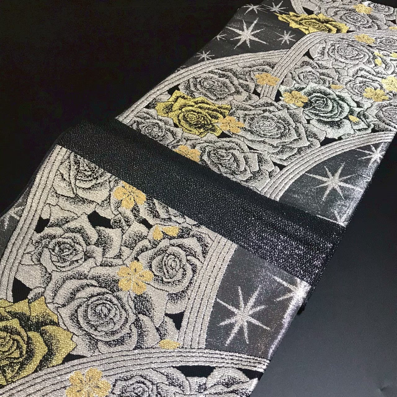 8155# Japanese Vintage Fukuro Obi Belt Kimono Fabric Silk Traditional Black