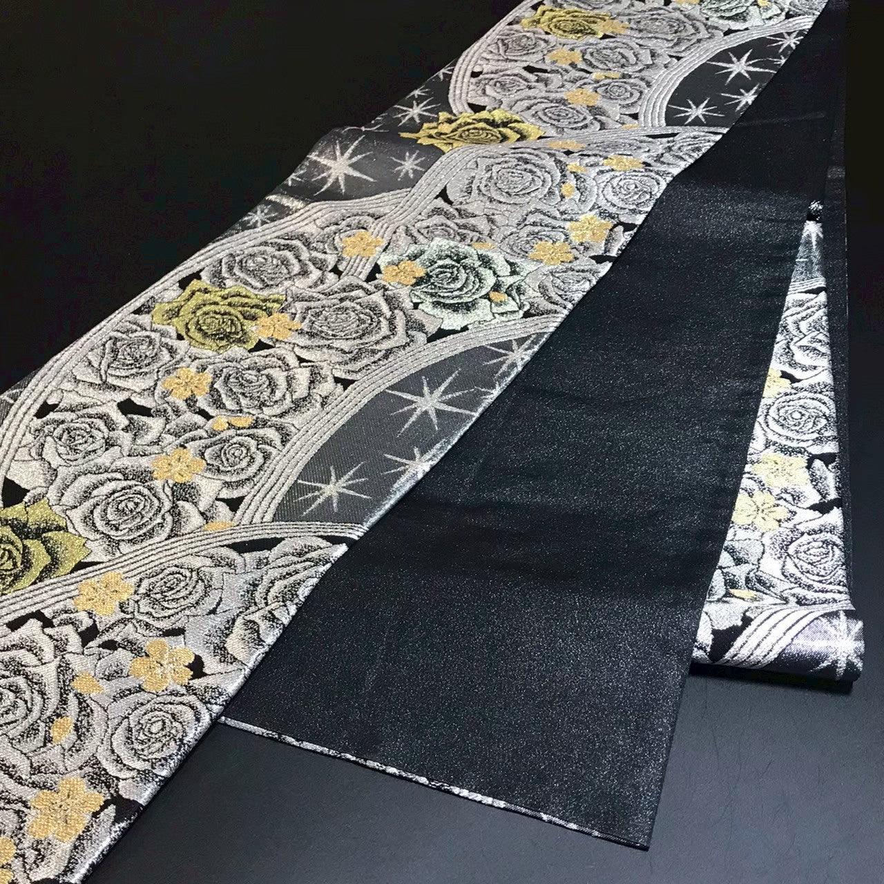 8155# Japanese Vintage Fukuro Obi Belt Kimono Fabric Silk Traditional Black