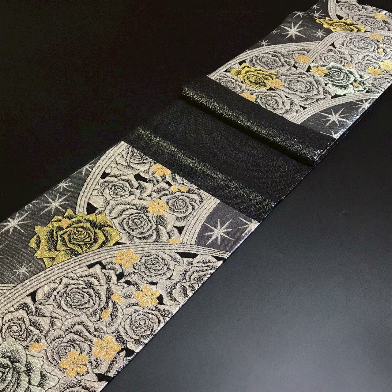 8155# Japanese Vintage Fukuro Obi Belt Kimono Fabric Silk Traditional Black