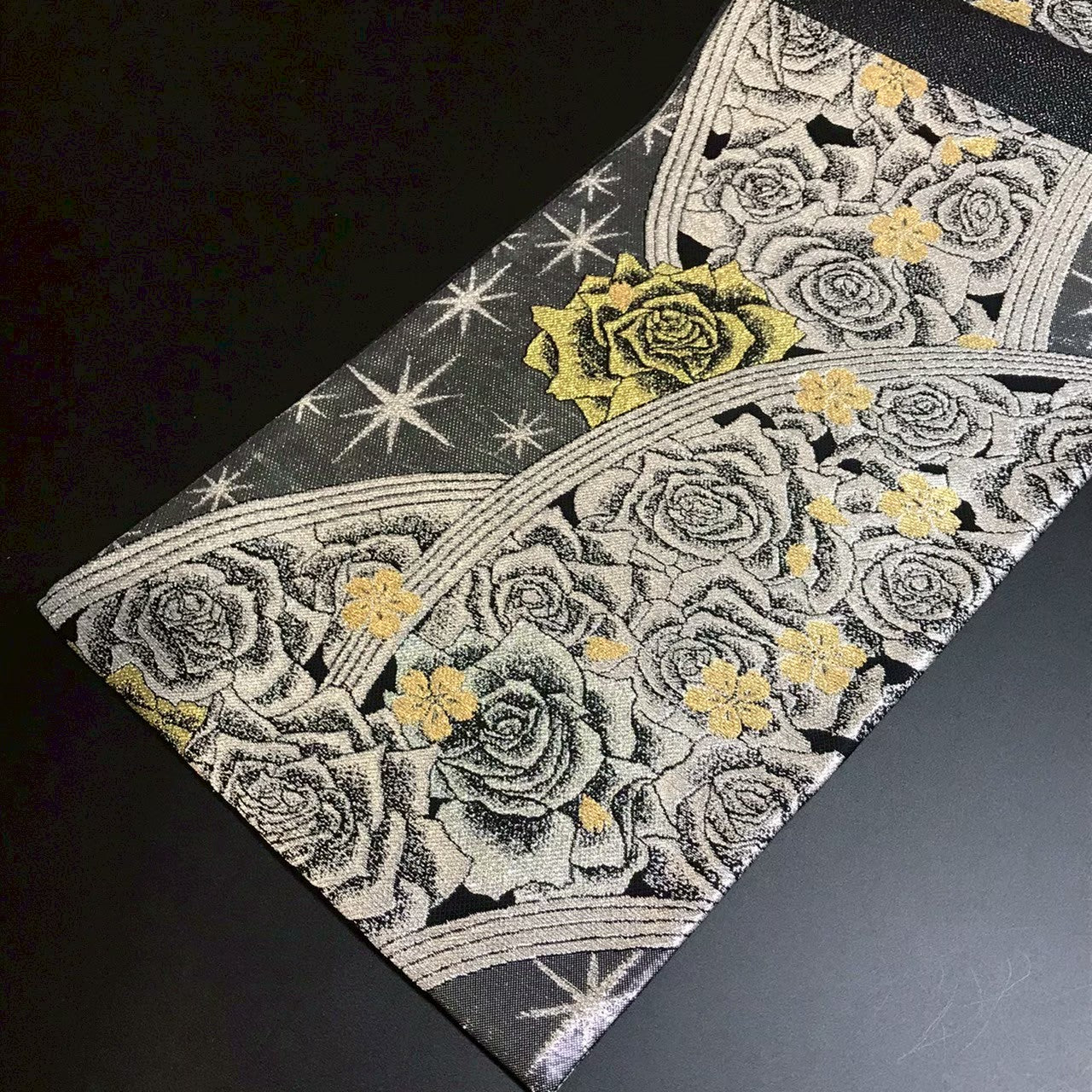 8155# Japanese Vintage Fukuro Obi Belt Kimono Fabric Silk Traditional Black