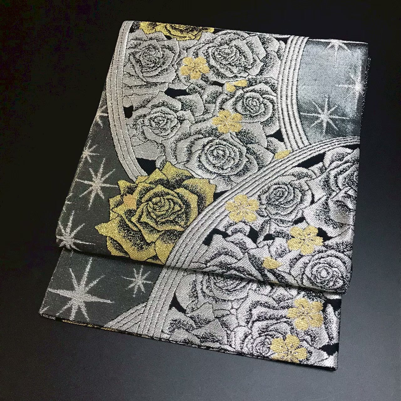 8155# Japanese Vintage Fukuro Obi Belt Kimono Fabric Silk Traditional Black