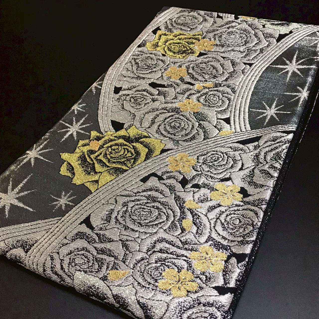 8155# Japanese Vintage Fukuro Obi Belt Kimono Fabric Silk Traditional Black