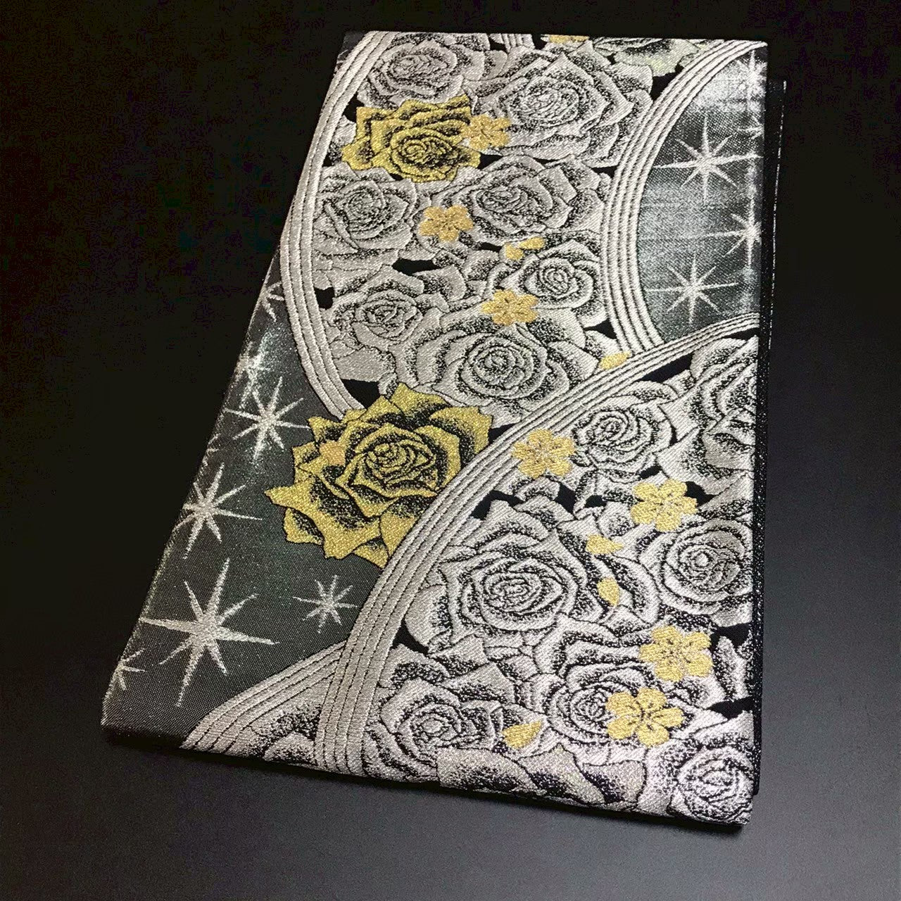 8155# Japanese Vintage Fukuro Obi Belt Kimono Fabric Silk Traditional Black