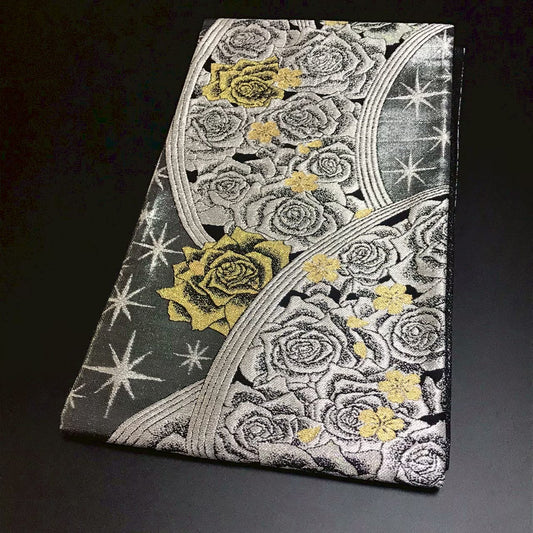 8155# Japanese Vintage Fukuro Obi Belt Kimono Fabric Silk Traditional Black
