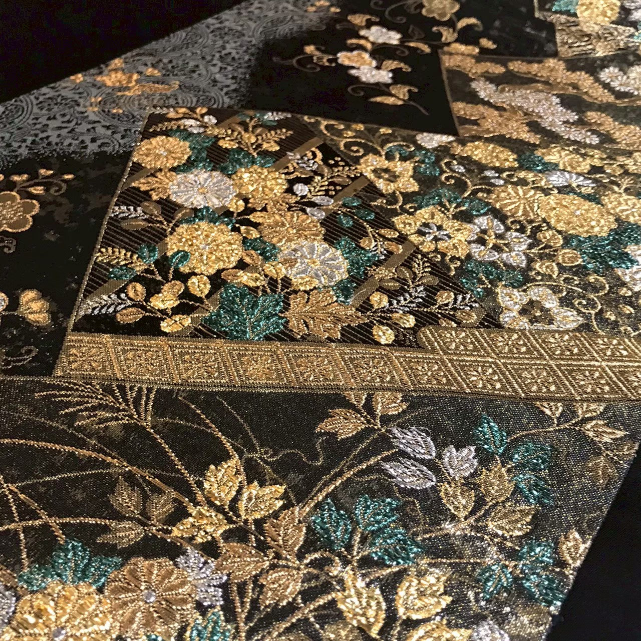8156# Japanese Vintage Fukuro Obi Belt Kimono Fabric Silk Traditional Black