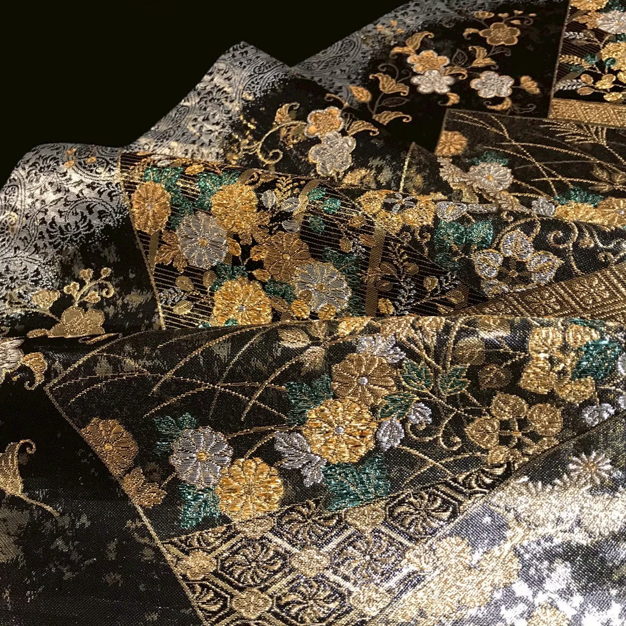 8156# Japanese Vintage Fukuro Obi Belt Kimono Fabric Silk Traditional Black