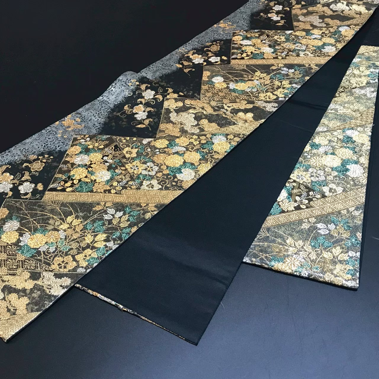 8156# Japanese Vintage Fukuro Obi Belt Kimono Fabric Silk Traditional Black