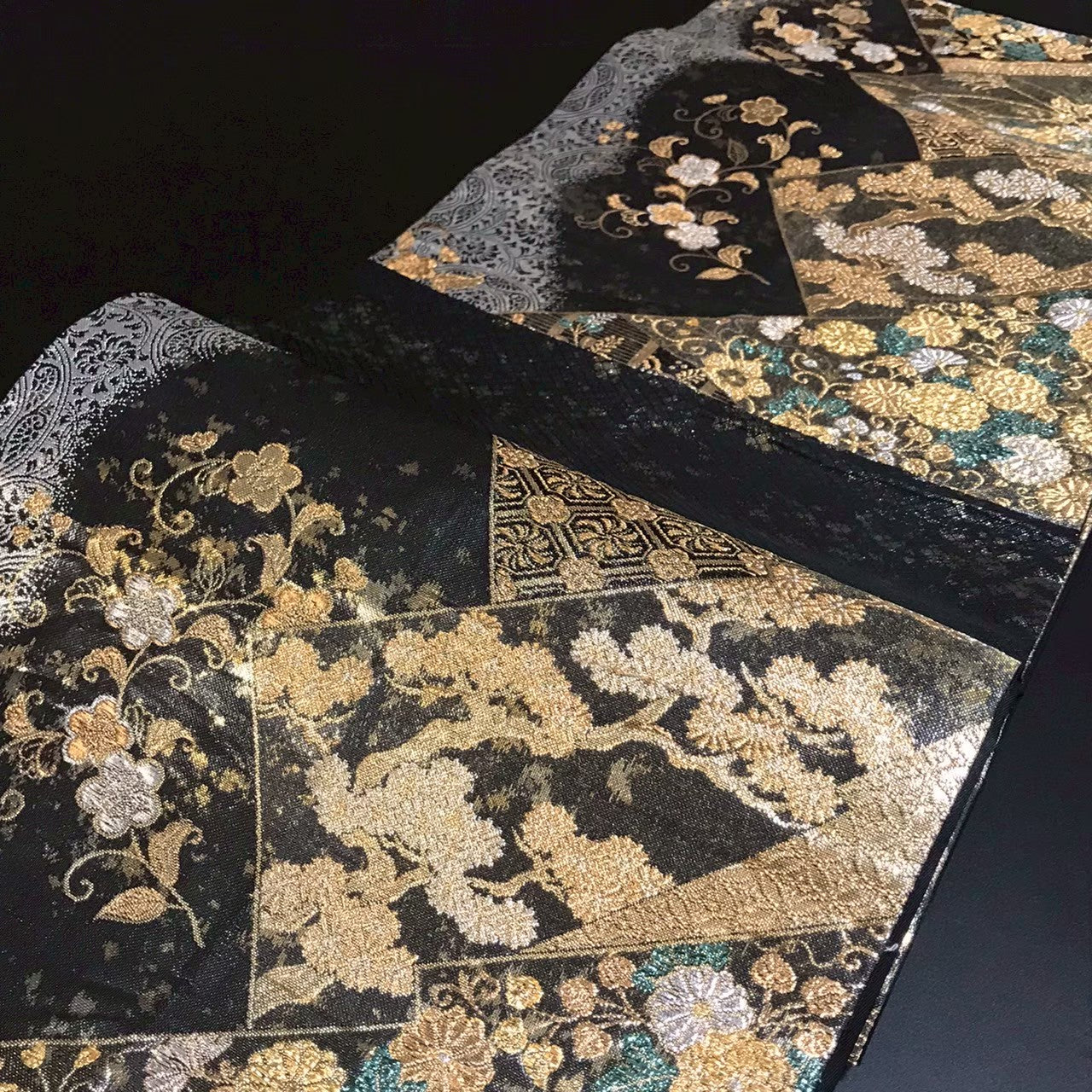 8156# Japanese Vintage Fukuro Obi Belt Kimono Fabric Silk Traditional Black