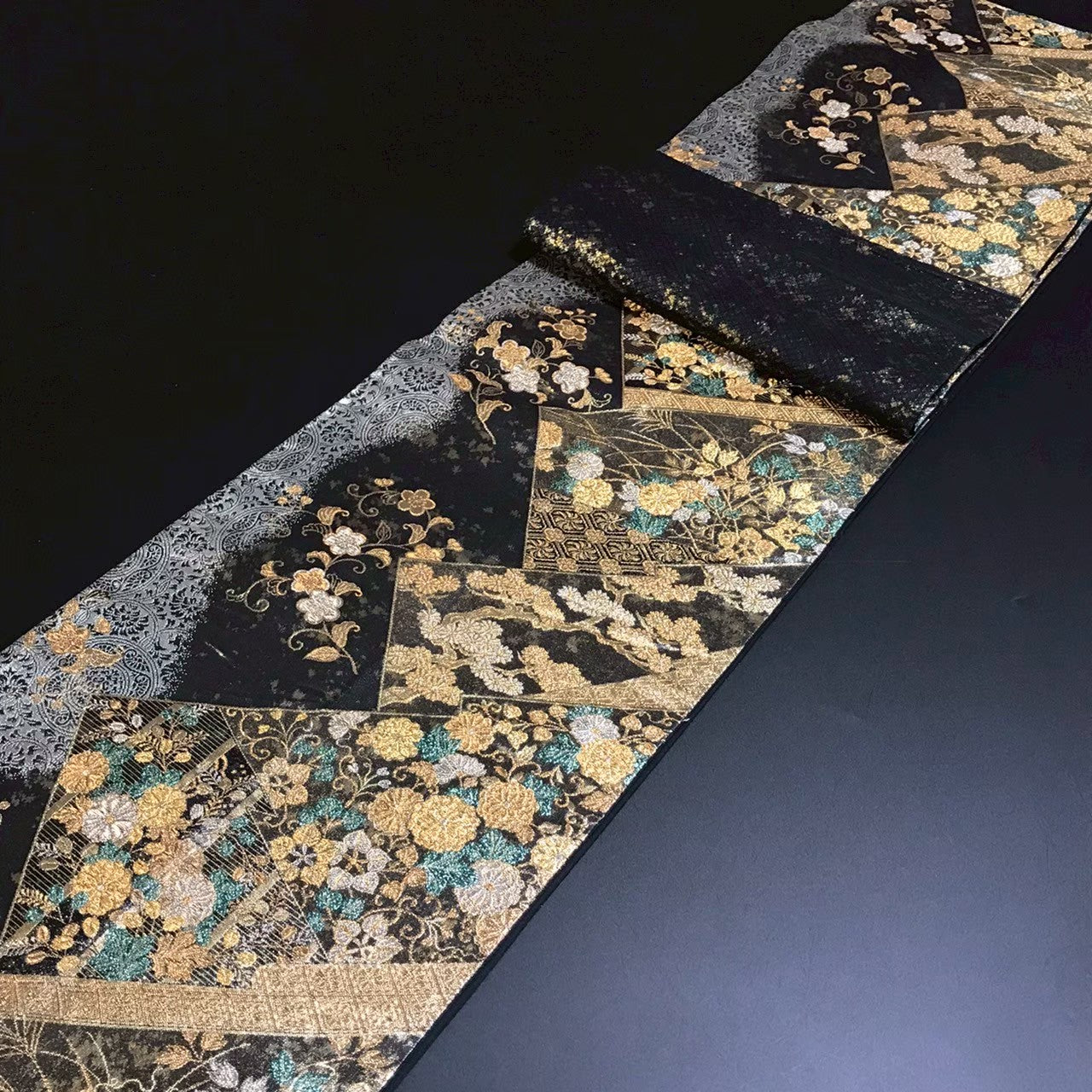 8156# Japanese Vintage Fukuro Obi Belt Kimono Fabric Silk Traditional Black