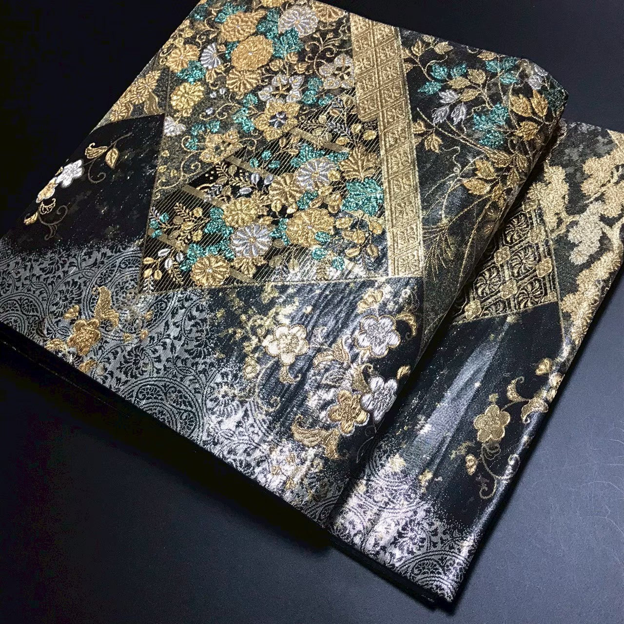 8156# Japanese Vintage Fukuro Obi Belt Kimono Fabric Silk Traditional Black