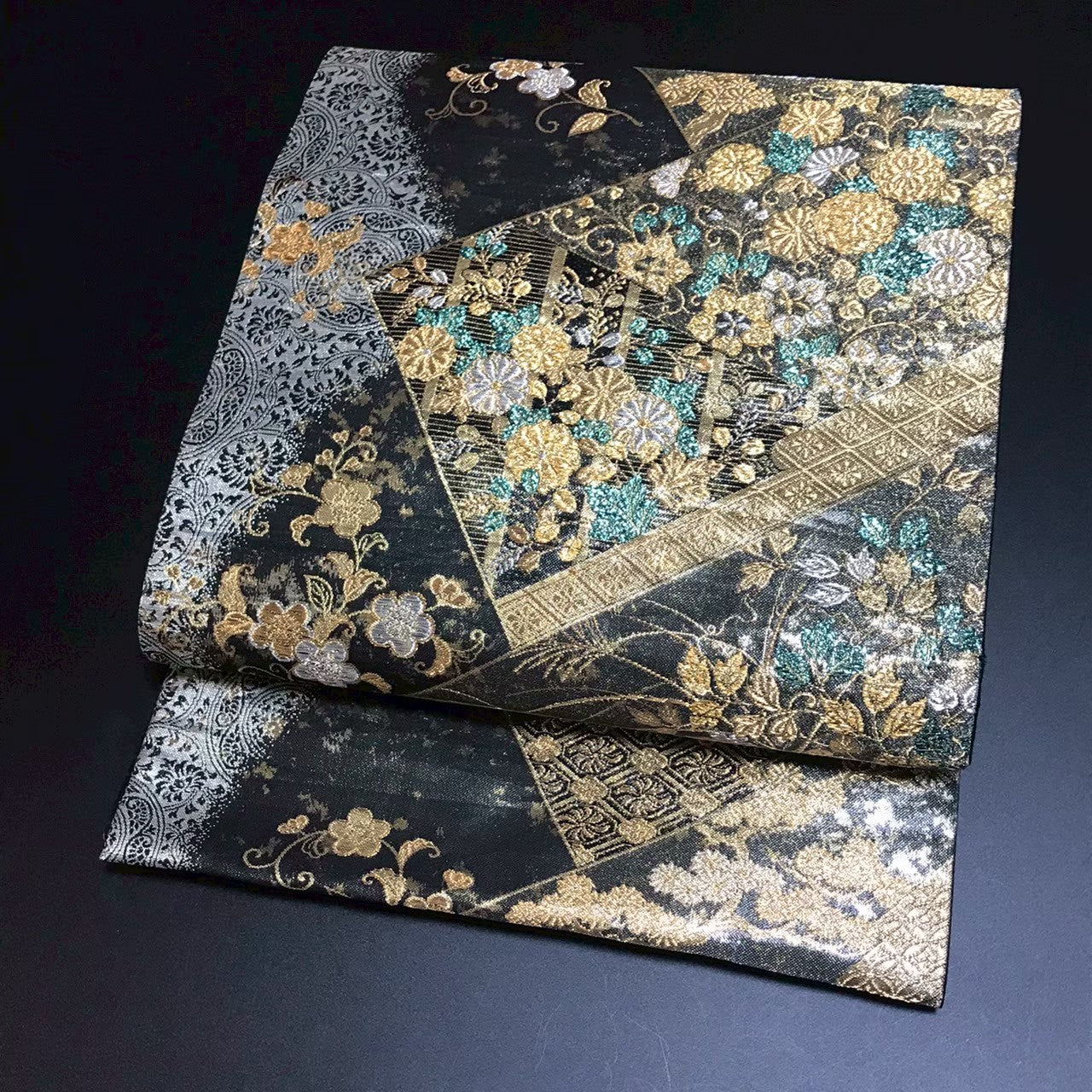 8156# Japanese Vintage Fukuro Obi Belt Kimono Fabric Silk Traditional Black