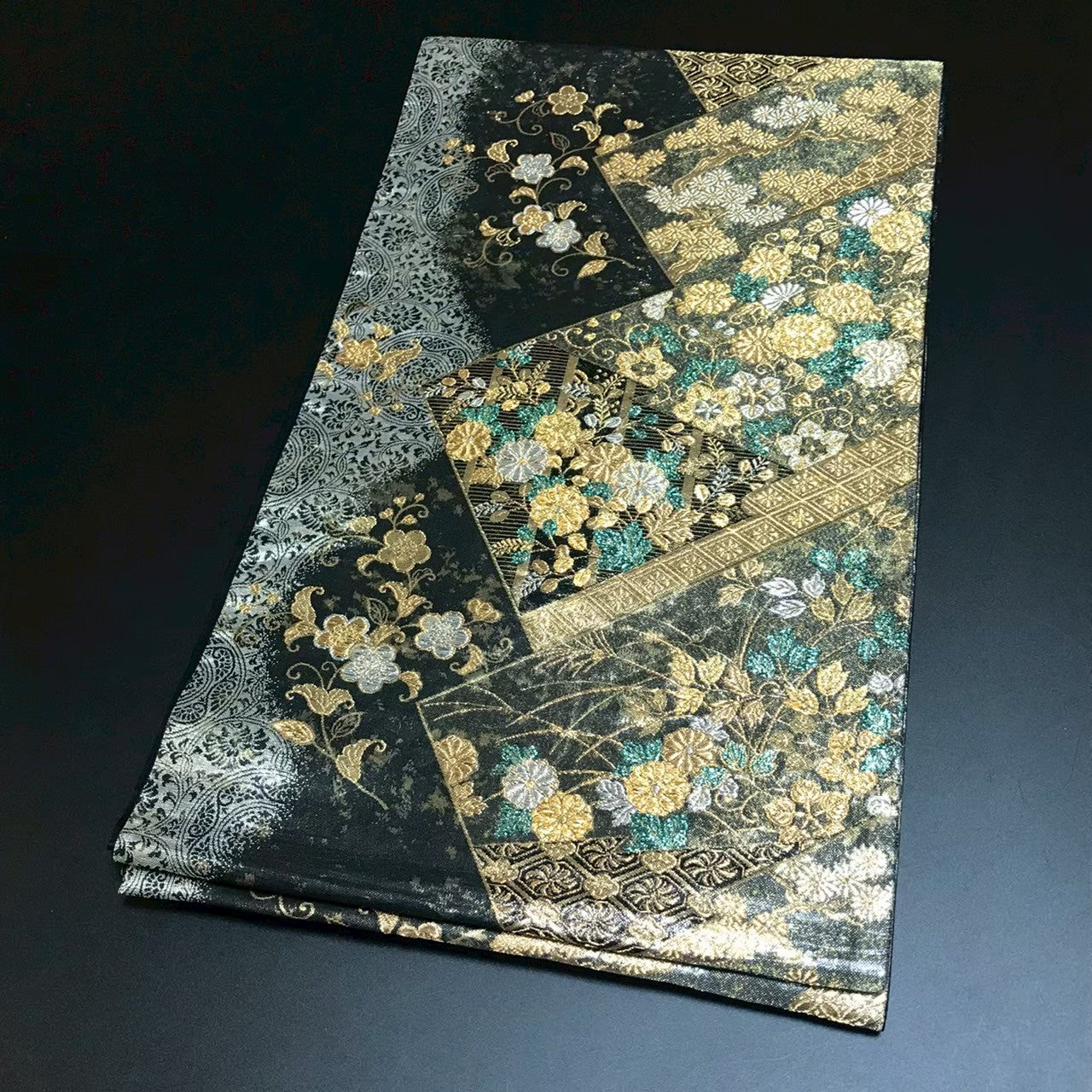 8156# Japanese Vintage Fukuro Obi Belt Kimono Fabric Silk Traditional Black