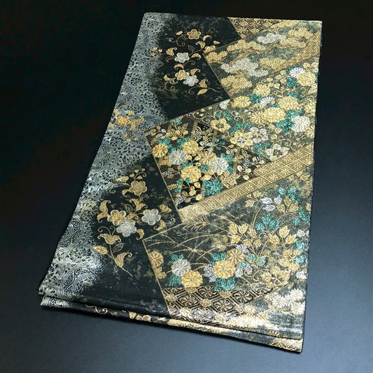 8156# Japanese Vintage Fukuro Obi Belt Kimono Fabric Silk Traditional Black